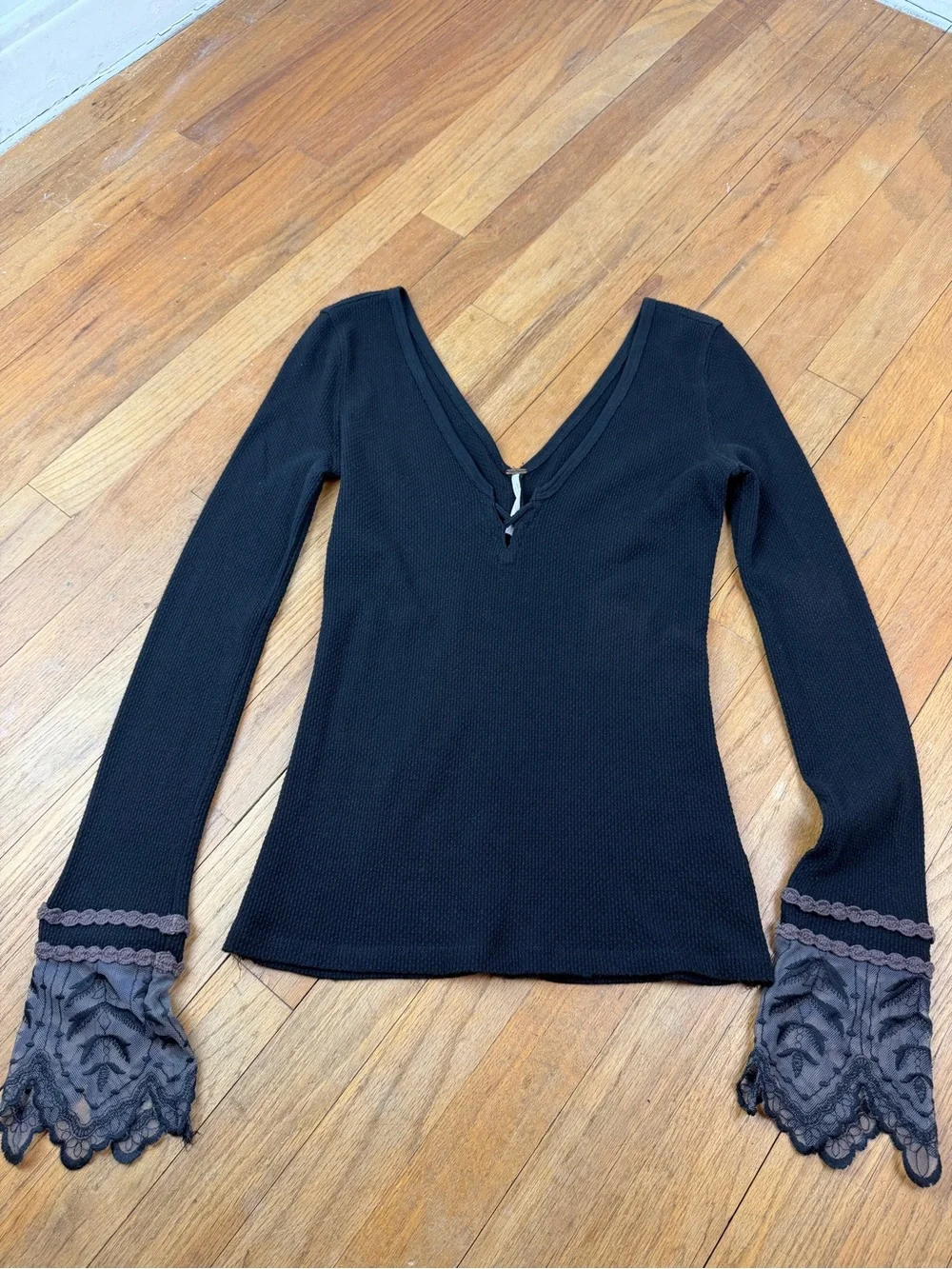 Free People Last Dance Lace Embroidered cuff V-Neck Long Sleeve Thermal Top